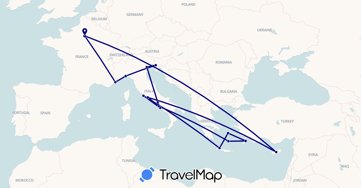 TravelMap itinerary: driving in Cyprus, France, Greece, Italy (Asia, Europe)
